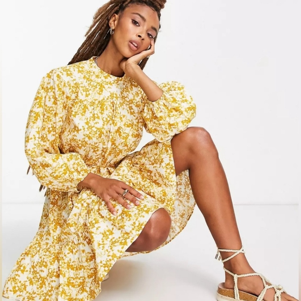 Topshop long sleeve woven floral mini dress in mustard bohemian size 8